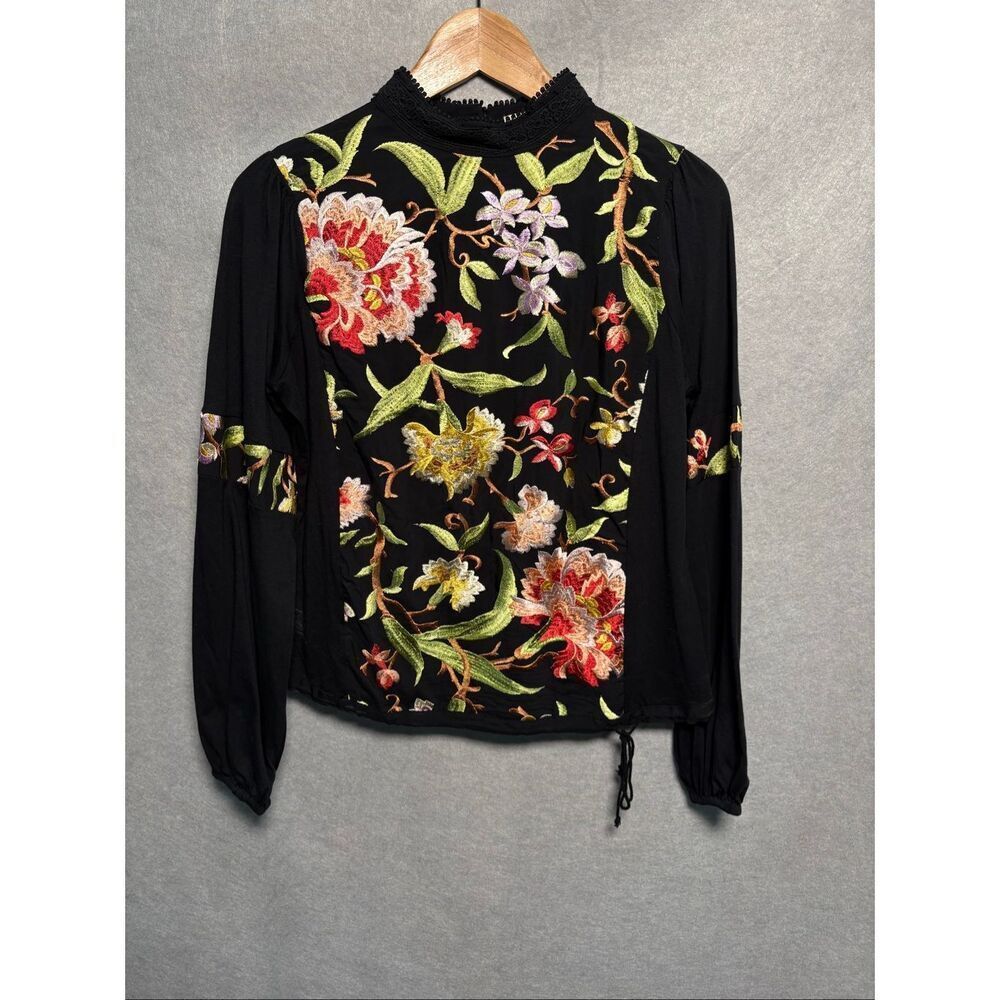 Anthropologie Tiny XS Embroidered Floral Blouse Black Mock Neck Boho Cottagecore - Picture 2 of 11